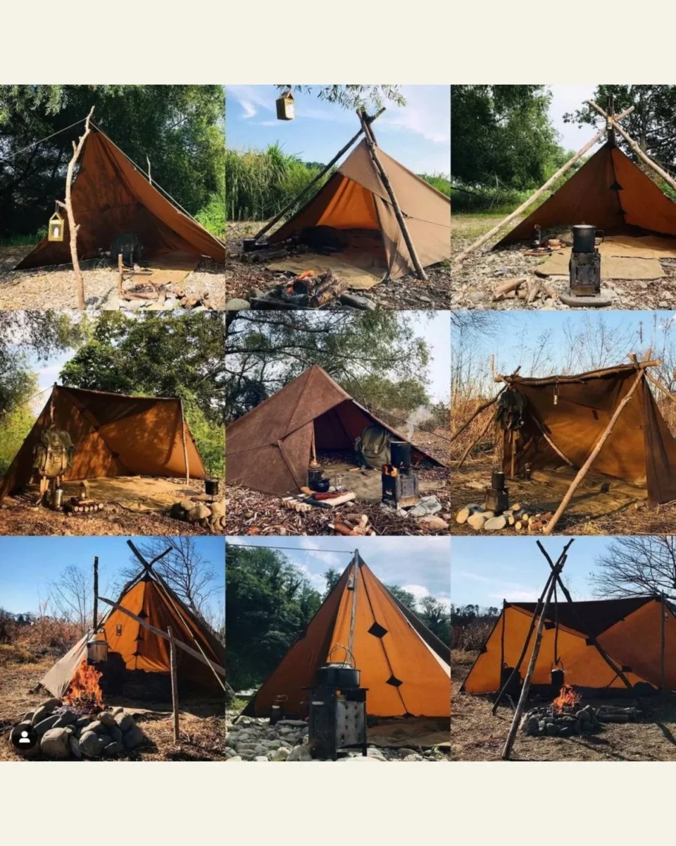 Nine examples of oilskin tarp pitching configurations