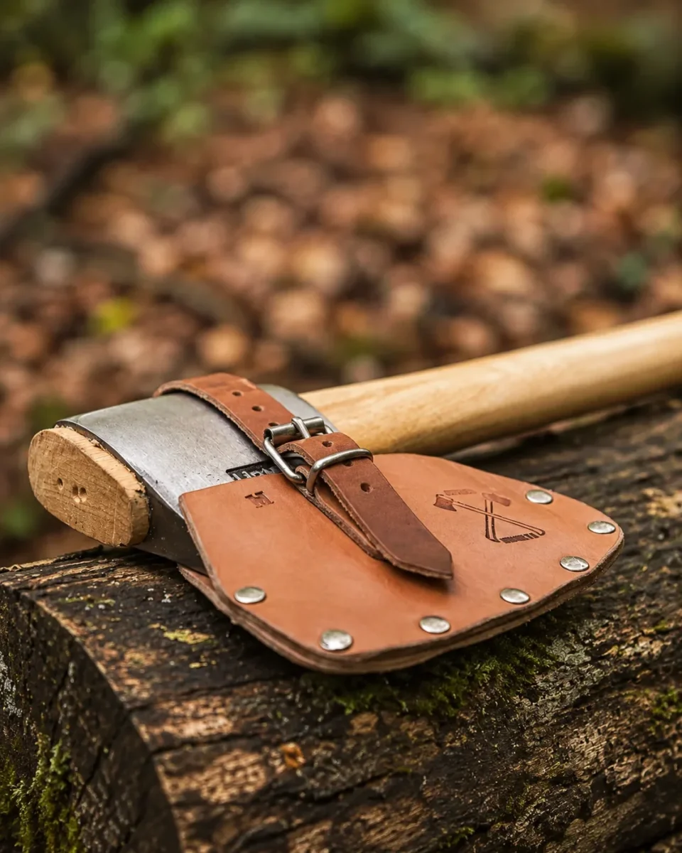 Jauregi Basque axe resting on a woodland log with its leather blade sheath and buckle fastened.
