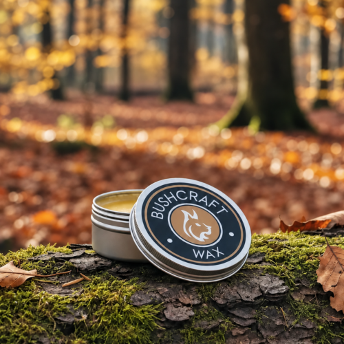 Open tin of Original Bushcraft Wax on a mossy log in autumn woodland