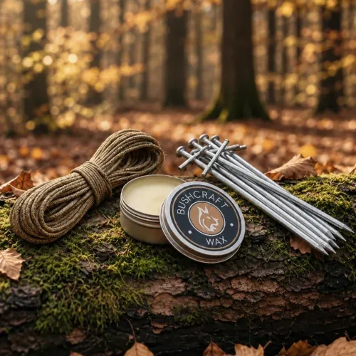 Camp Kit with Bushcraft Wax, tarred hemp rope and steel tent stakes on a woodland log