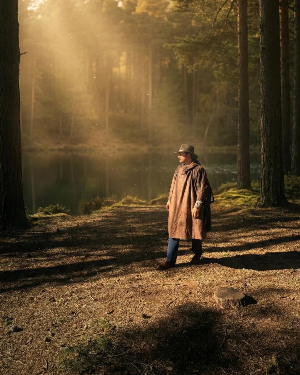 All-In-One Poncho worn among tall pine trees