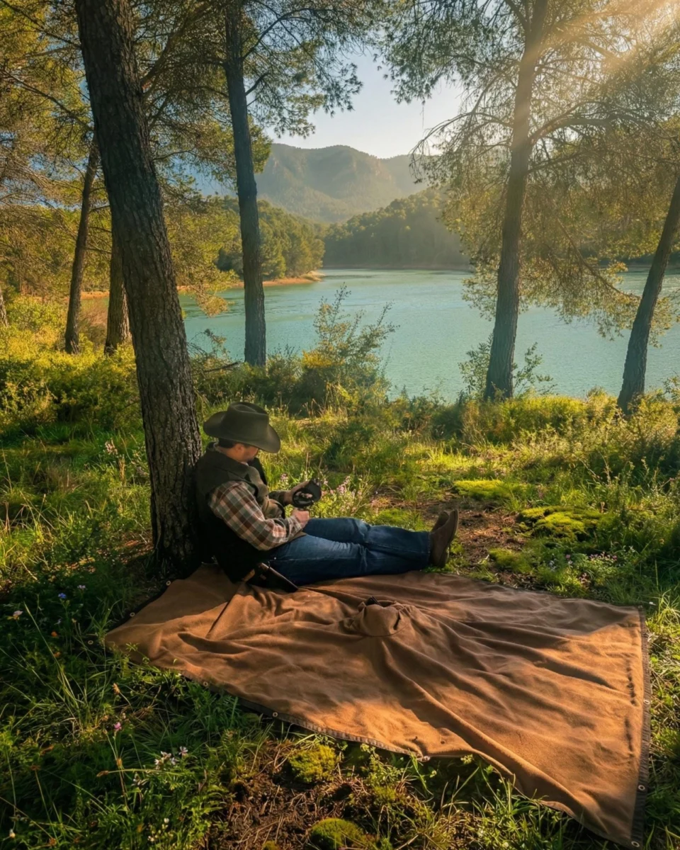 All-In-One Poncho laid out as a ground cloth beside a lake