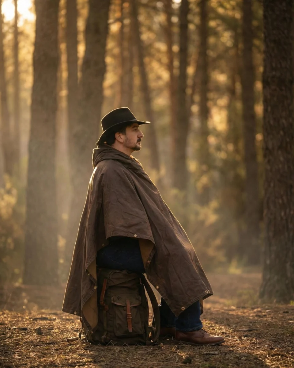 Brown All-In-One Poncho worn while sitting in woodland