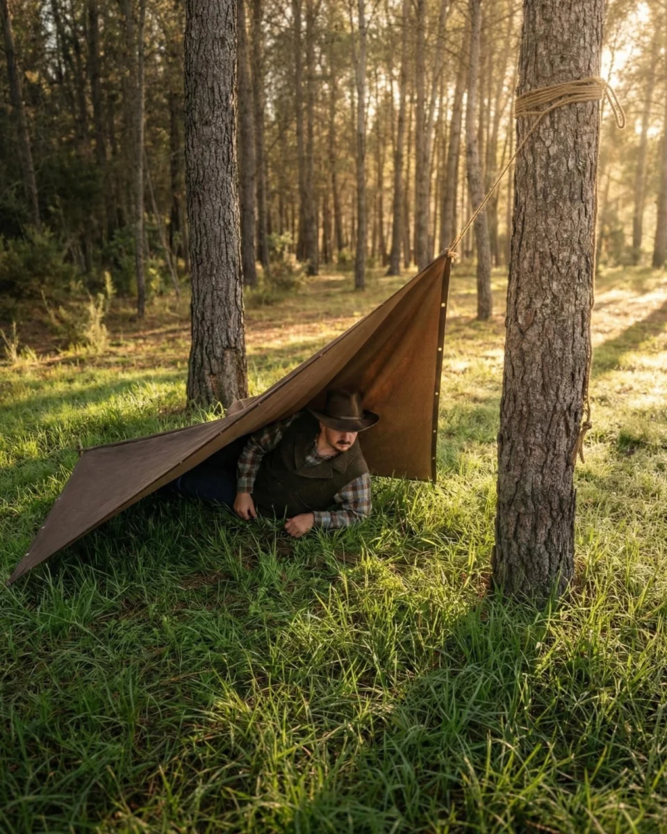 All-In-One Poncho pitched as an open shelter