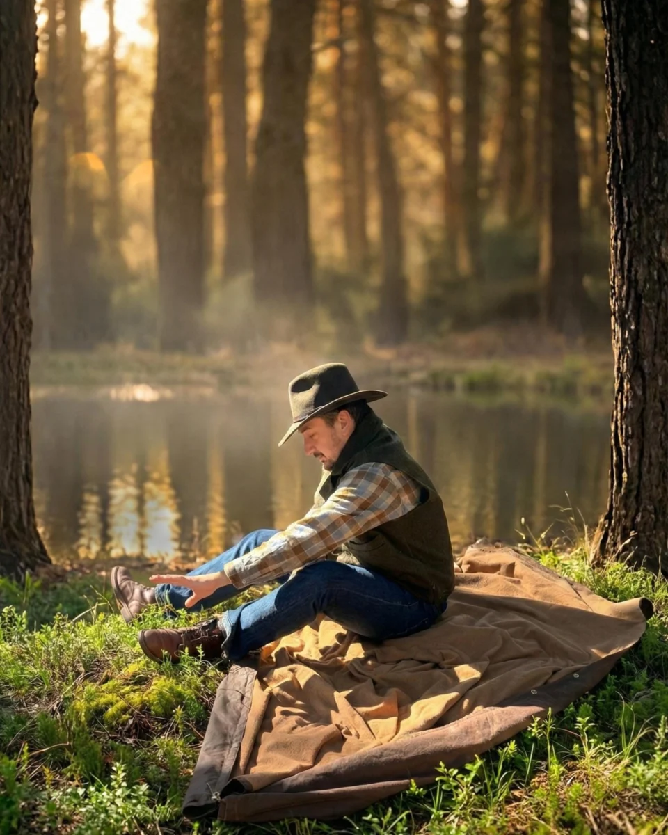All-In-One Poncho used as a ground cloth beside a woodland lake