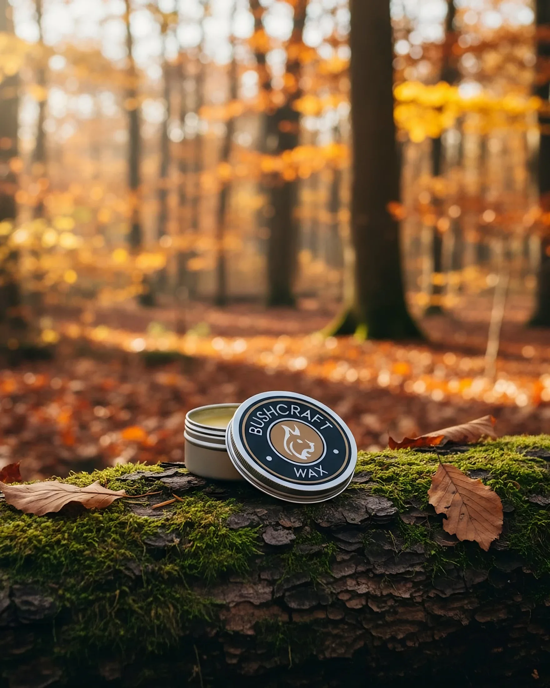 Bushcraft Spain reproofing wax in its tin on a woodland log