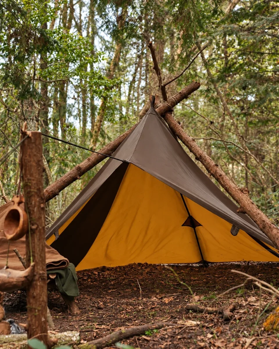 Bushcraft Spain 3 × 3 m brown oilskin tarp pitched as an open woodland shelter