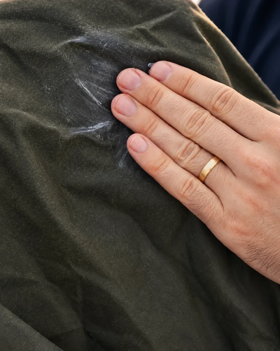 Bushcraft Wax being rubbed into green oilskin fabric