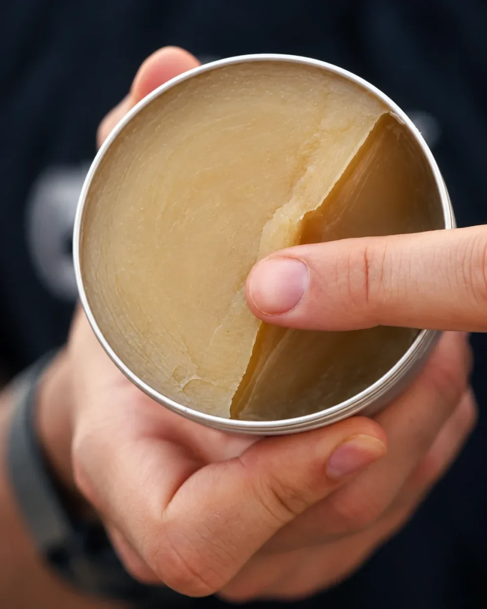 Open Bushcraft Wax tin showing the texture of the wax