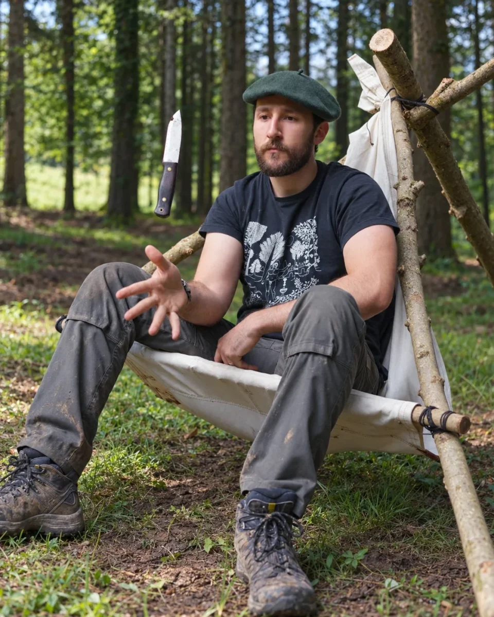 Natural canvas camp chair in use on a wooden tripod in the forest