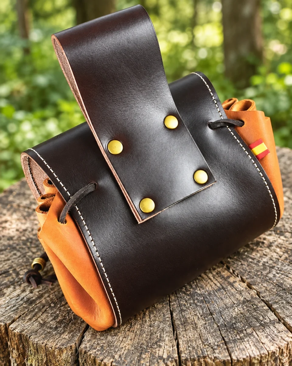 Rear view of Celtic leather hip bag with belt loop and brass rivets