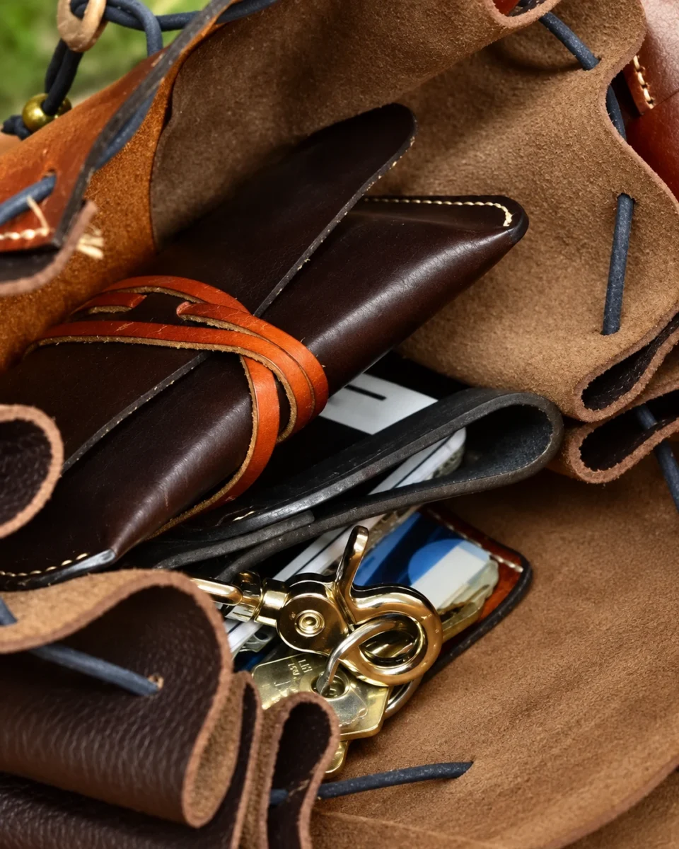 Close-up of Celtic leather hip bag interior and leather texture