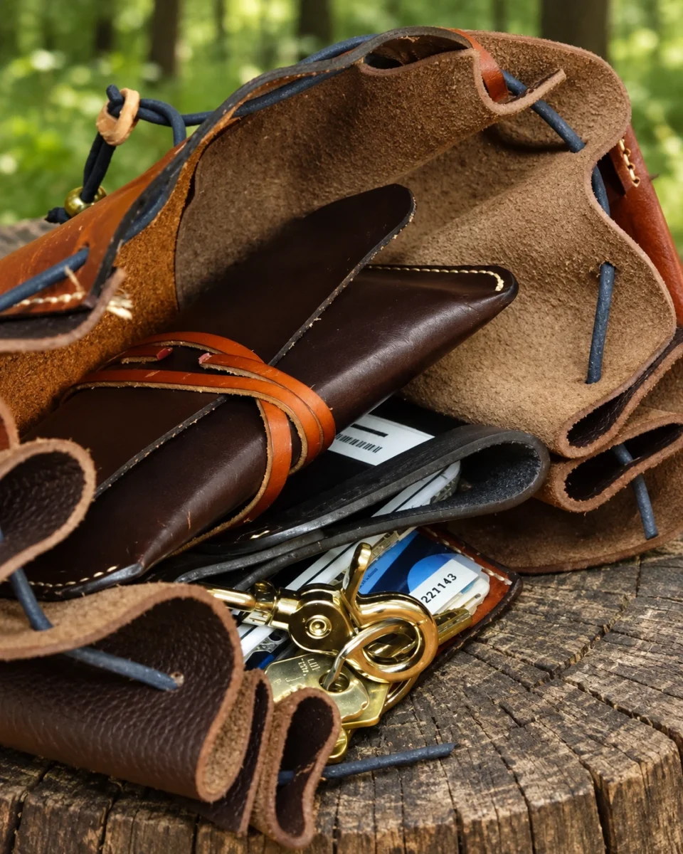 Celtic leather hip bag interior holding a wallet and keys