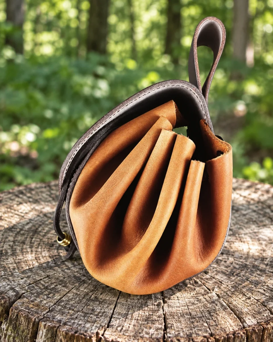 Celtic leather hip bag side view showing soft leather gussets