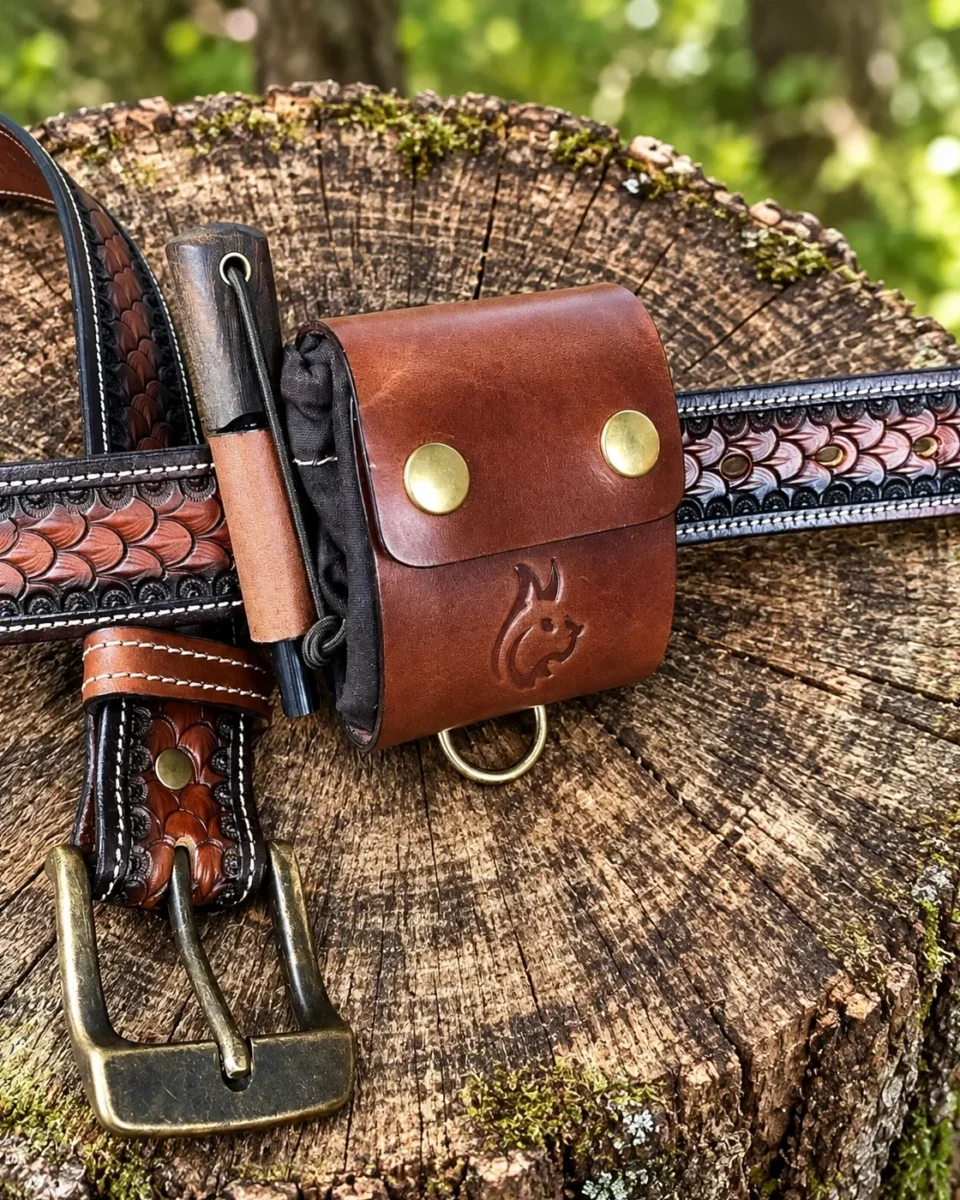 Leather foraging pouch and firesteel holder attached to a belt