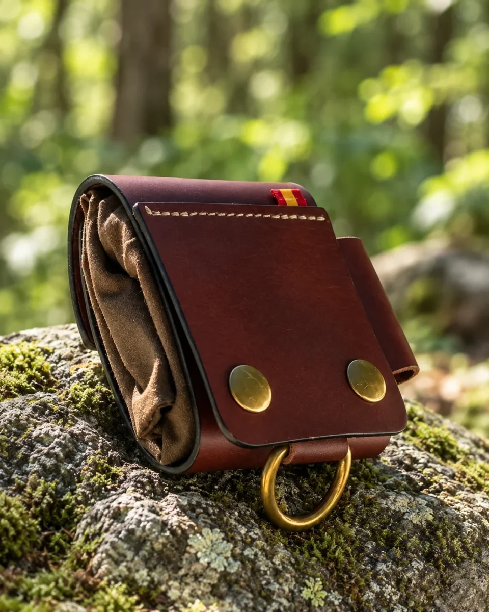 Folded leather and oilskin foraging pouch showing brass ring and snap closure
