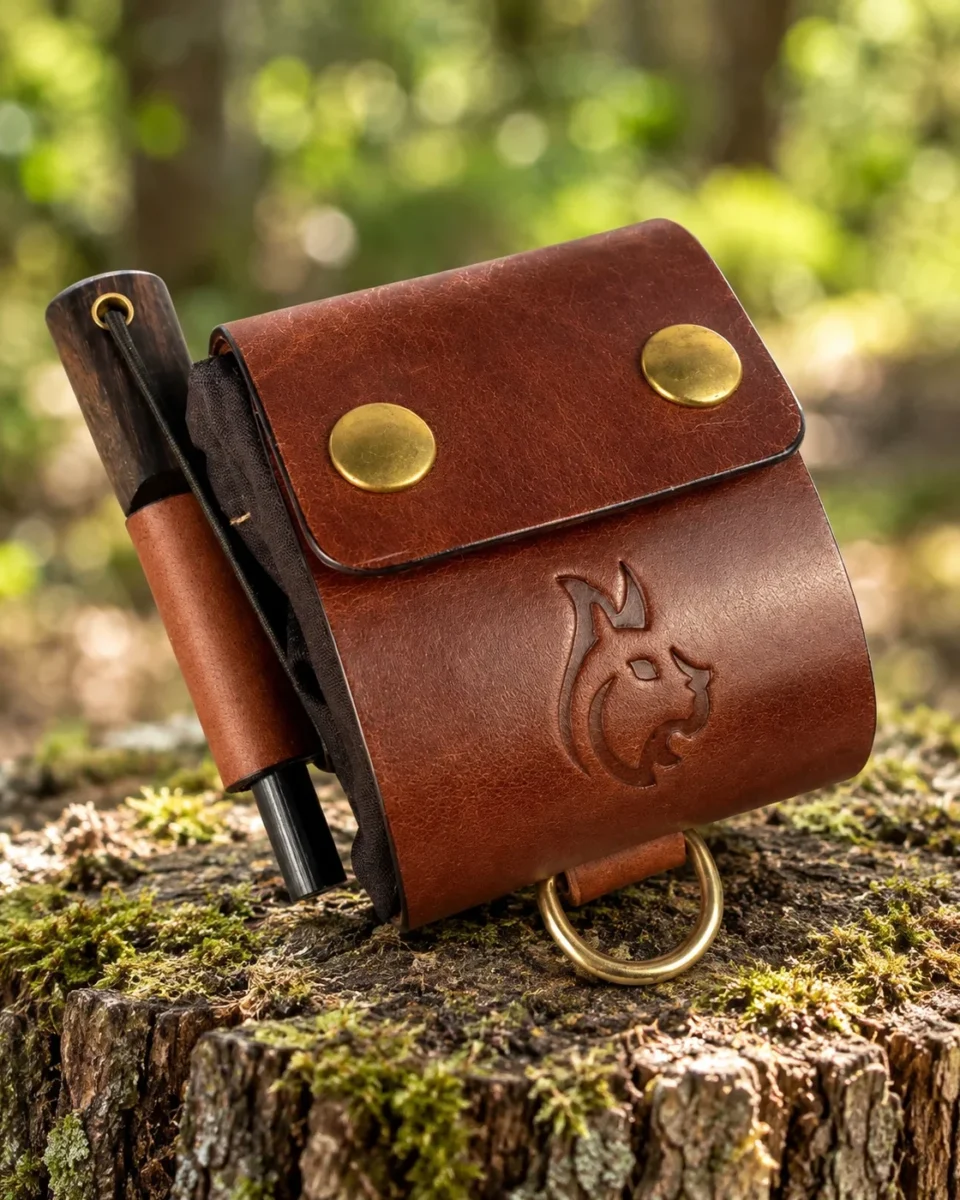 Closed leather foraging pouch with brass snaps and side firesteel holder