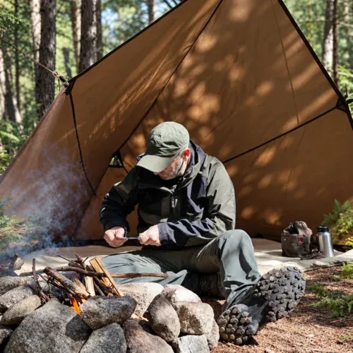 Camper preparing a fire in front of the brown Forester Tent