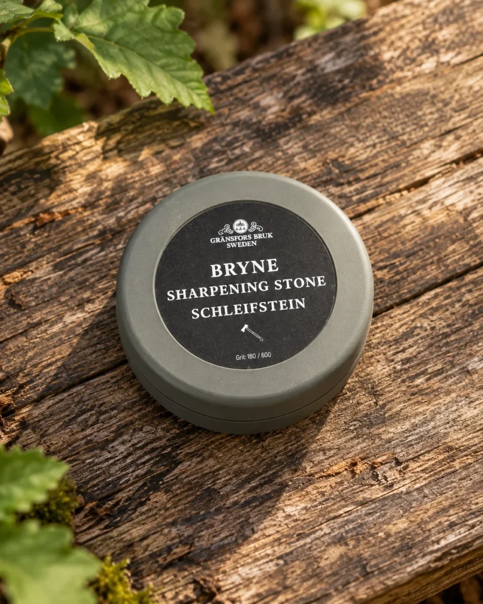 Gränsfors Bruk Axe Sharpening Stone – closed protective rubber case in woodland