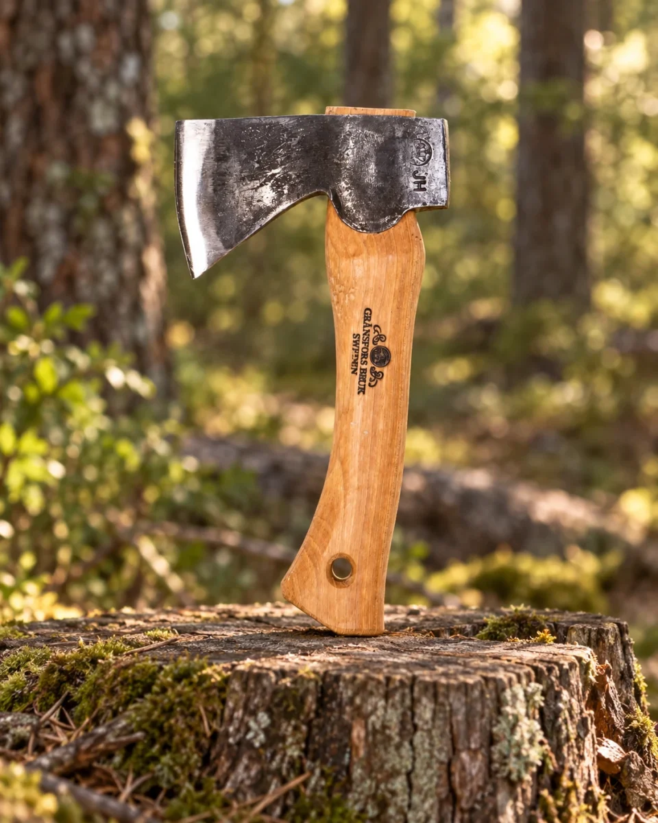 Gränsfors Bruk Hand Hatchet — axe detail in a natural woodland setting