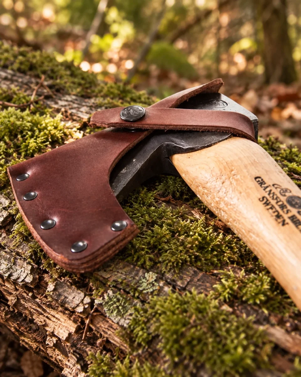 Gränsfors Bruk Hand Hatchet — axe detail in a natural woodland setting