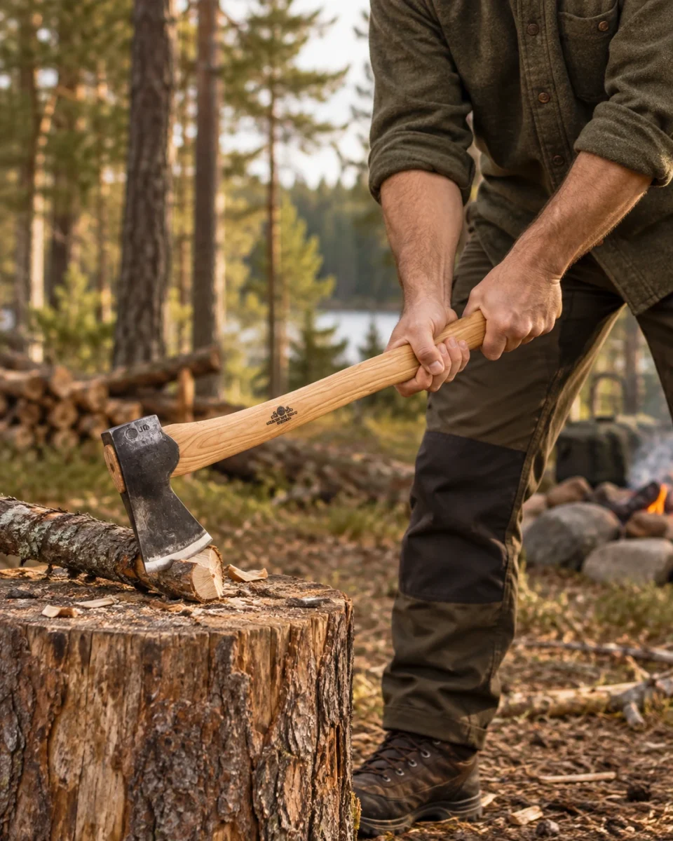 Gränsfors Bruk Scandinavian Forest Axe — axe in use in woodland
