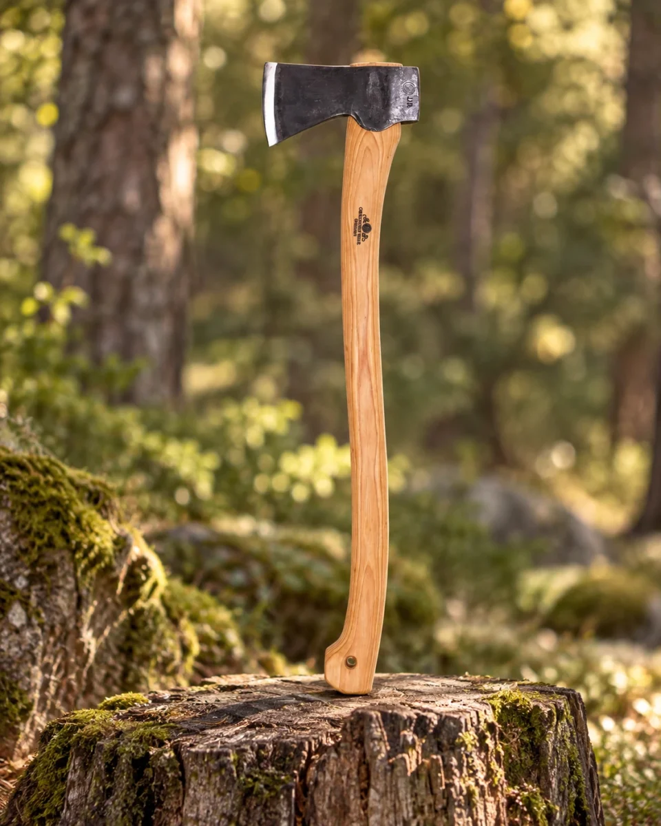 Gränsfors Bruk Scandinavian Forest Axe — axe detail in a natural woodland setting