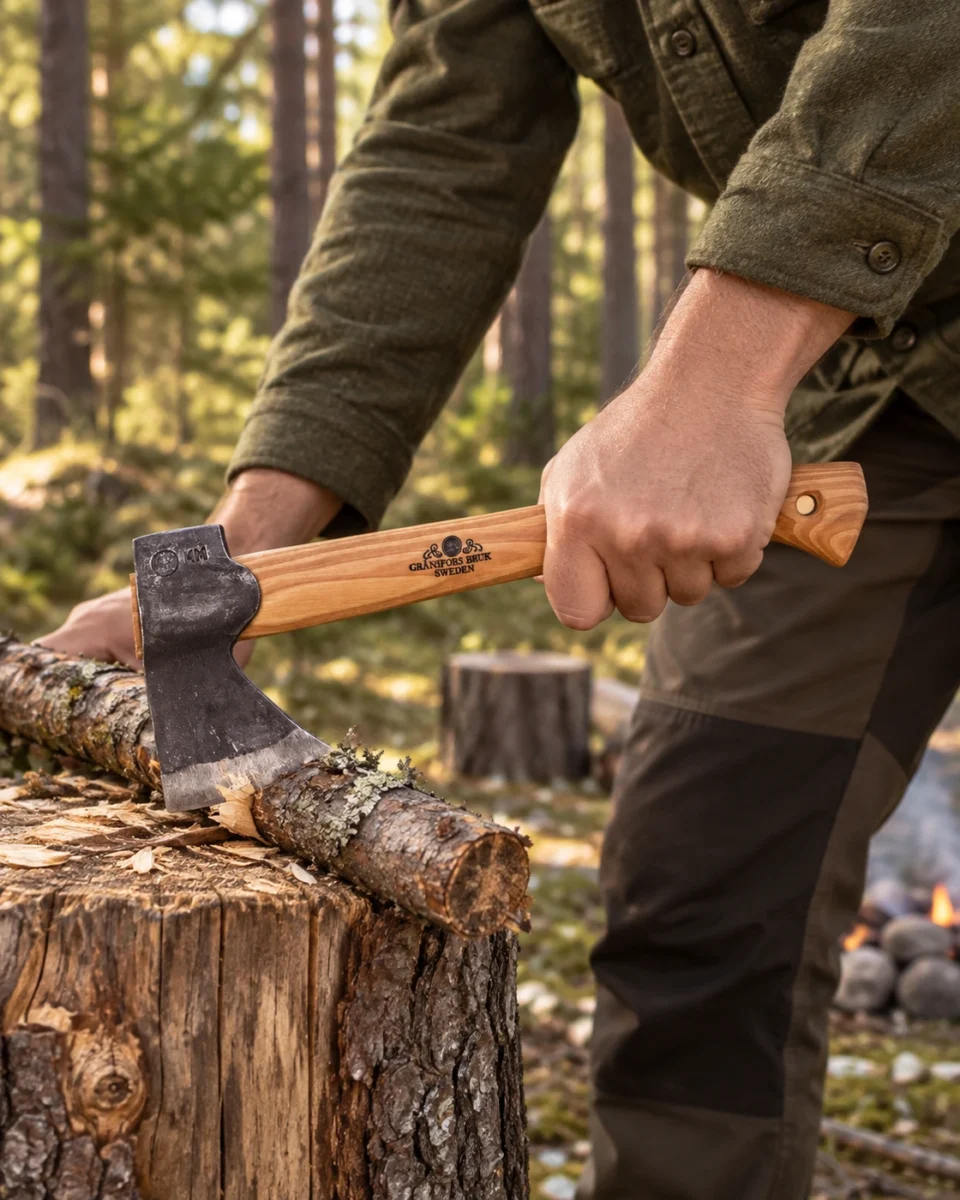 Gränsfors Bruk Wildlife Hatchet — axe in use in woodland