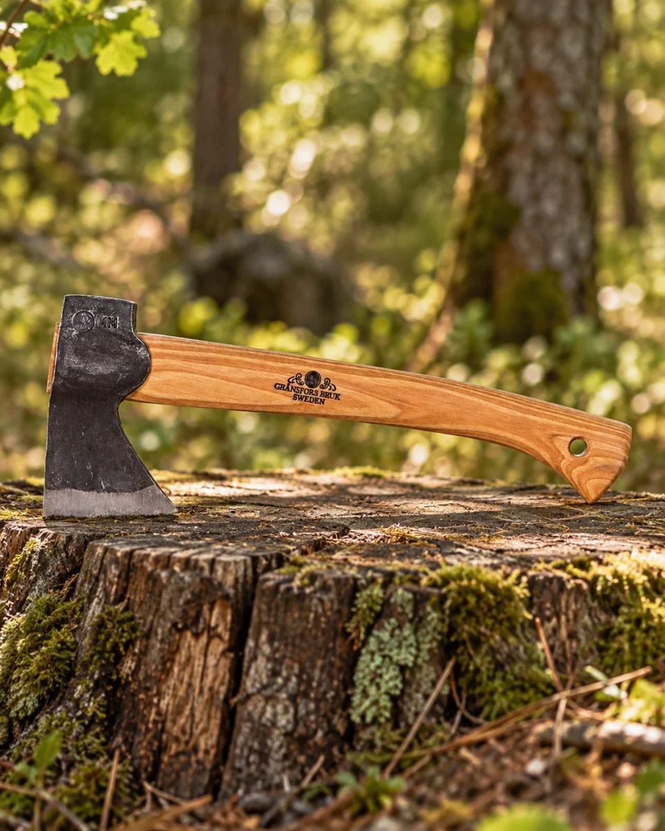 Gränsfors Bruk Wildlife Hatchet — axe detail in a natural woodland setting