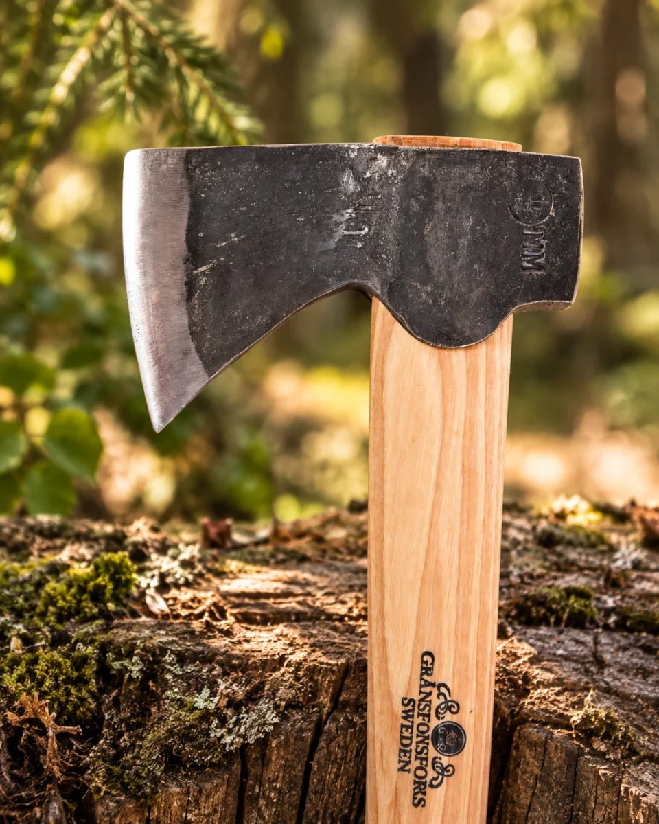Gränsfors Bruk Wildlife Hatchet — axe detail in a natural woodland setting