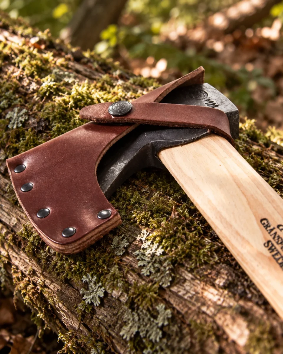 Gränsfors Bruk Wildlife Hatchet — axe detail in a natural woodland setting