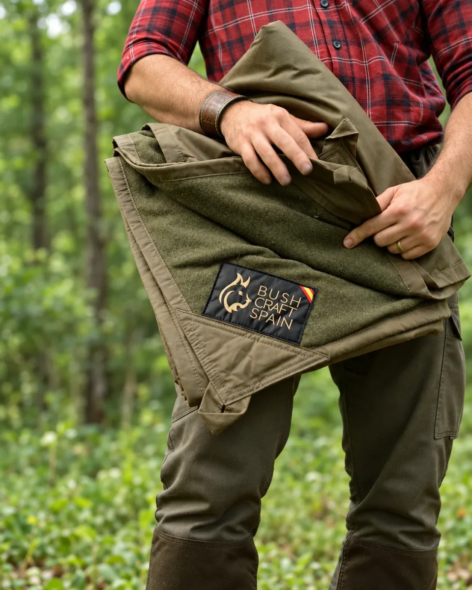 Folded Oilskin and Wool Ground Cloth showing its green wool lining and Bushcraft Spain label