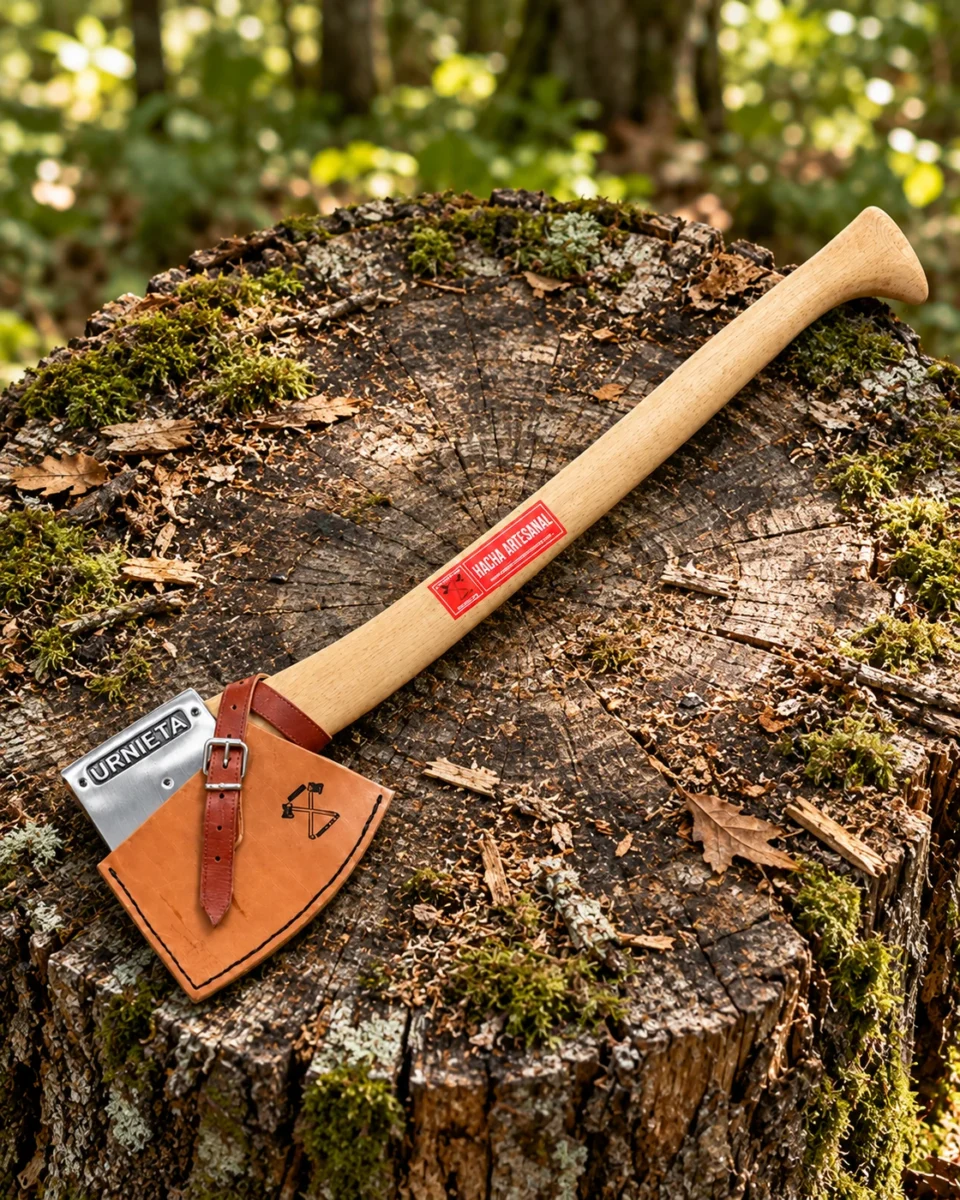 Jauregi Racing Axe with leather blade sheath on a tree stump
