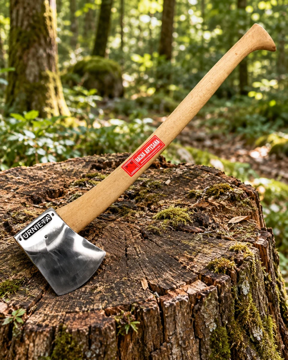 Jauregi Basque Racing Axe resting on a woodland stump