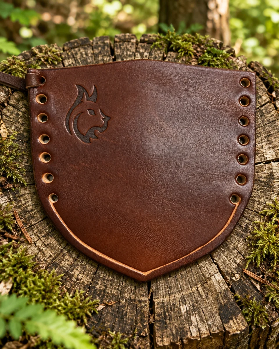 Brown leather axe handle protector laid flat showing lacing holes and embossed logo