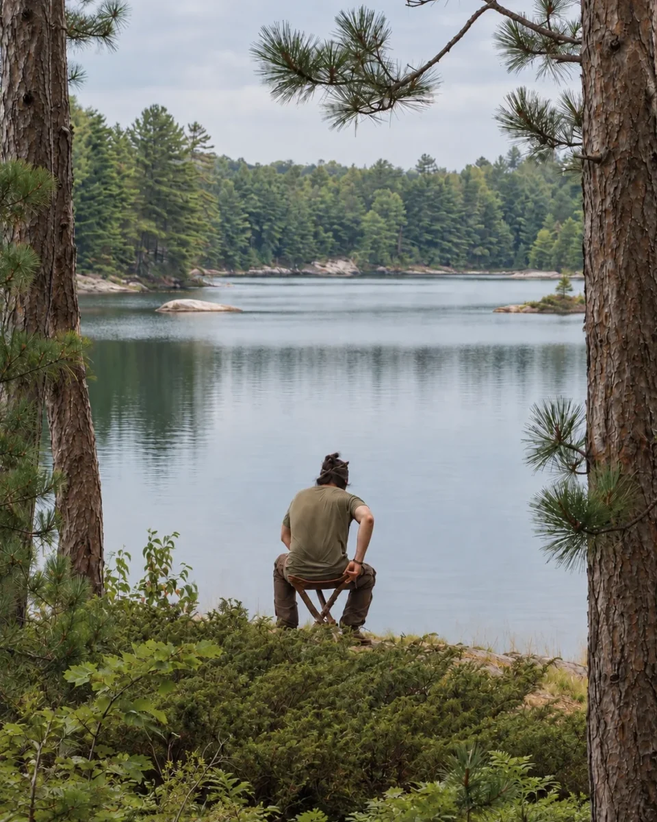 Camper sitting on a tripod stool overlooking a forest lake