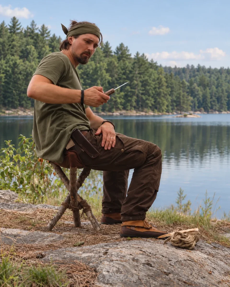 Leather camp stool seat fitted to a wooden tripod and used beside a lake