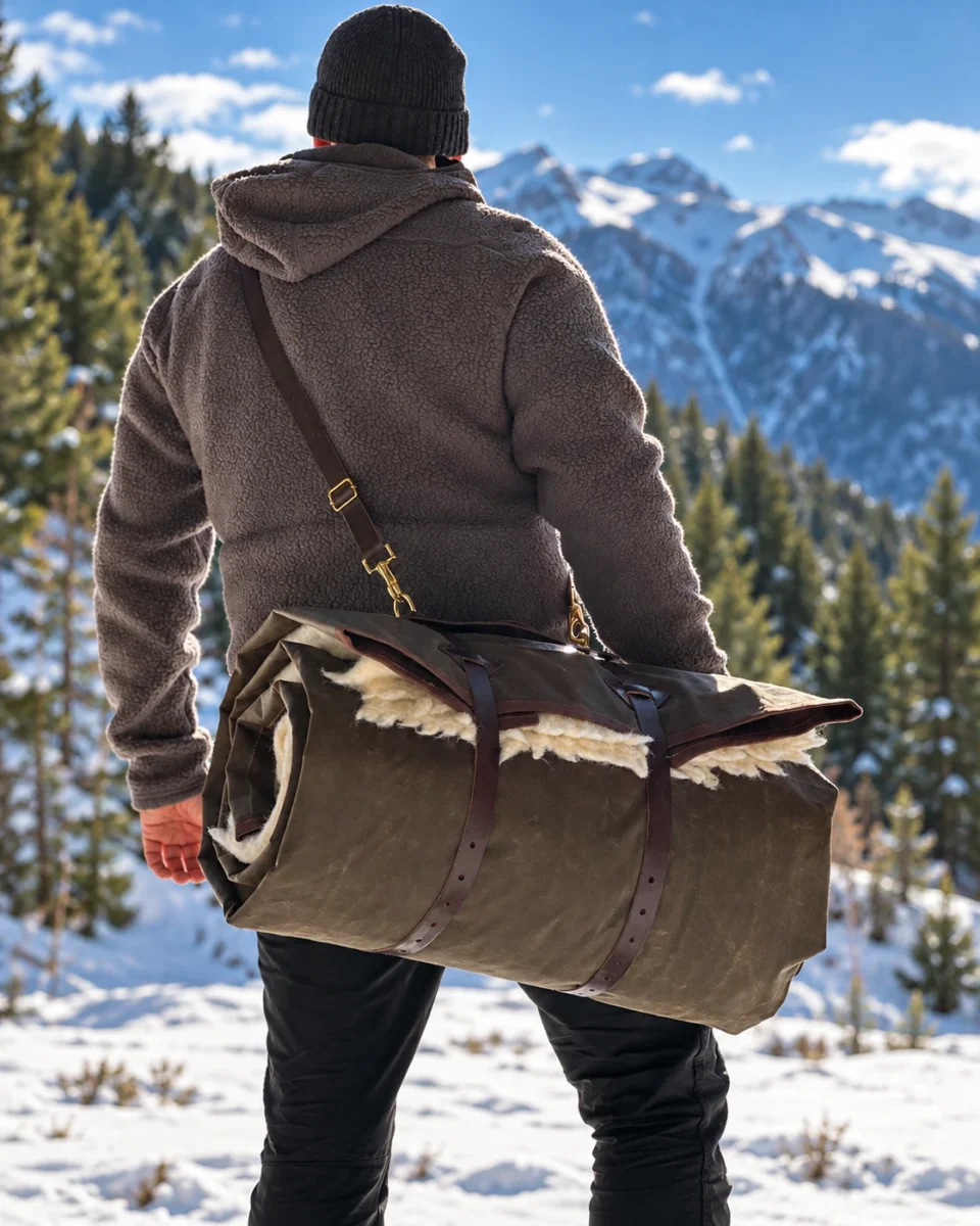 Camper carrying an oilskin and wool bedroll with the Leather Carrier shoulder strap