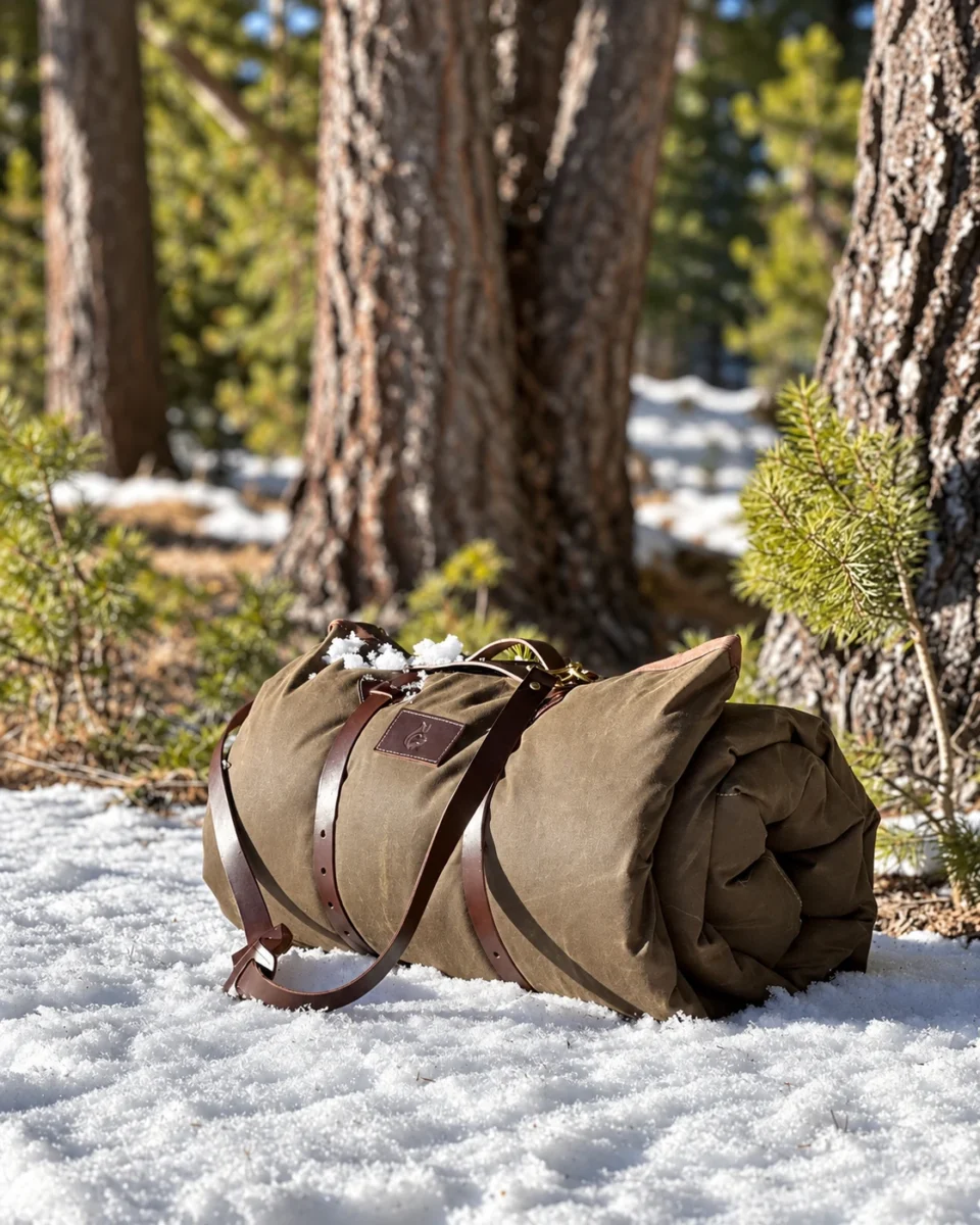 Rolled camping bedding secured with Leather Carrier straps in a snowy forest