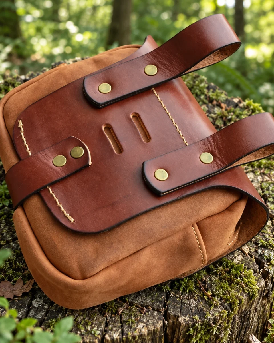 Leather hip bag rear belt loops and brass rivets