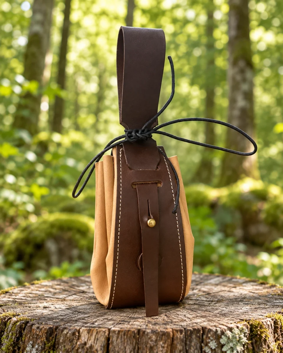 Leather tinder pouch with belt loop and drawstring on a woodland stump