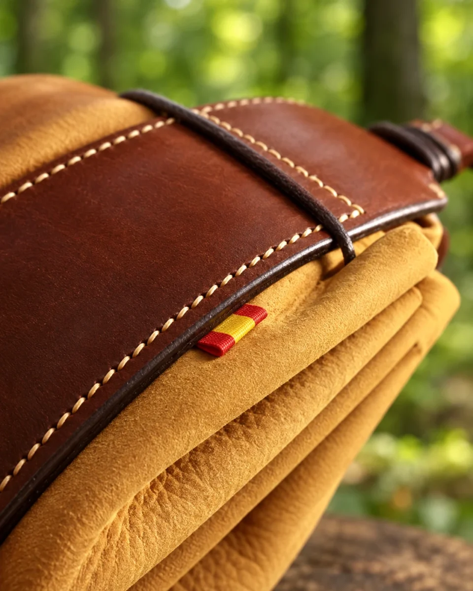 Leather tinder pouch stitching, suede and Spanish flag detail