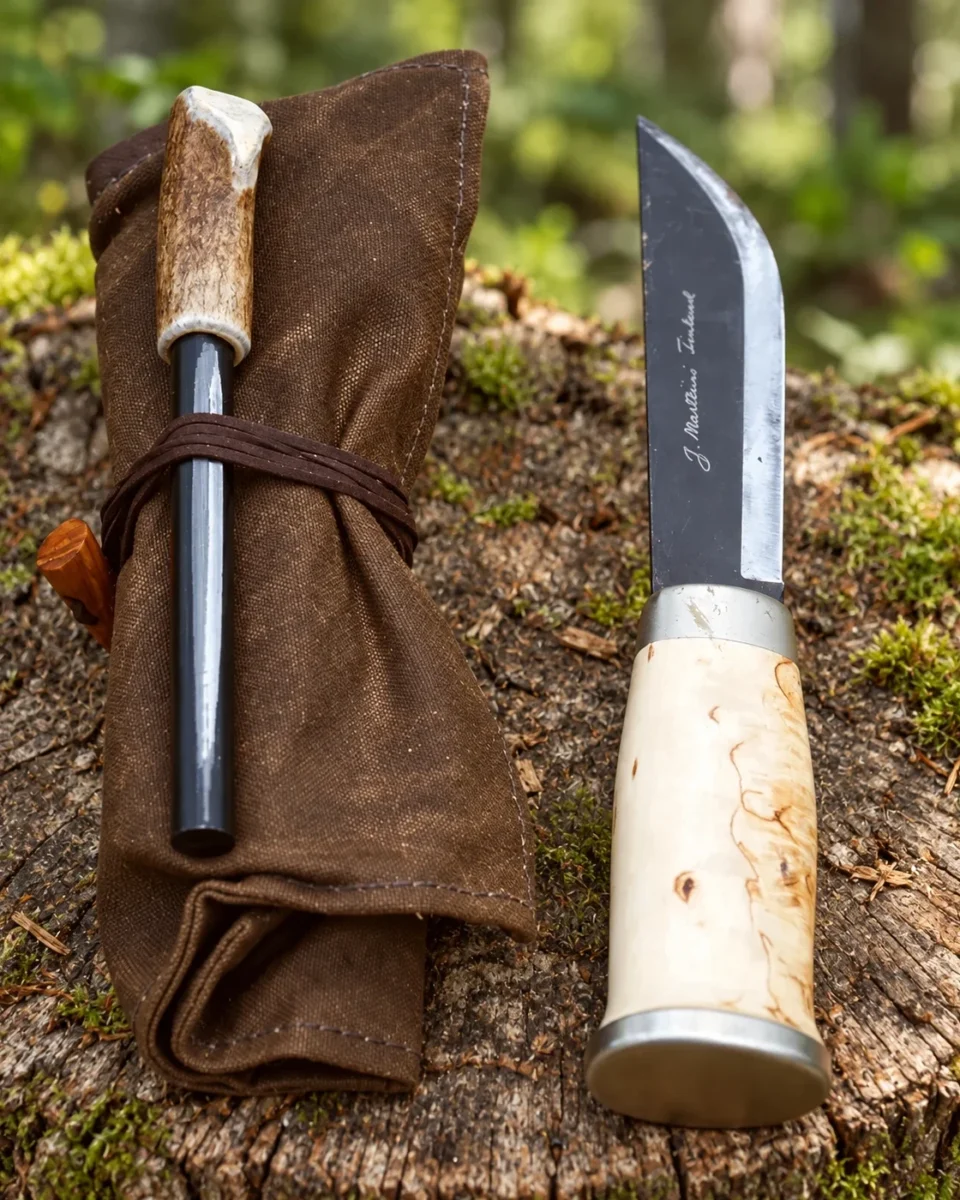 Brown waxed canvas roll-up pouch with a firesteel beside a bushcraft knife