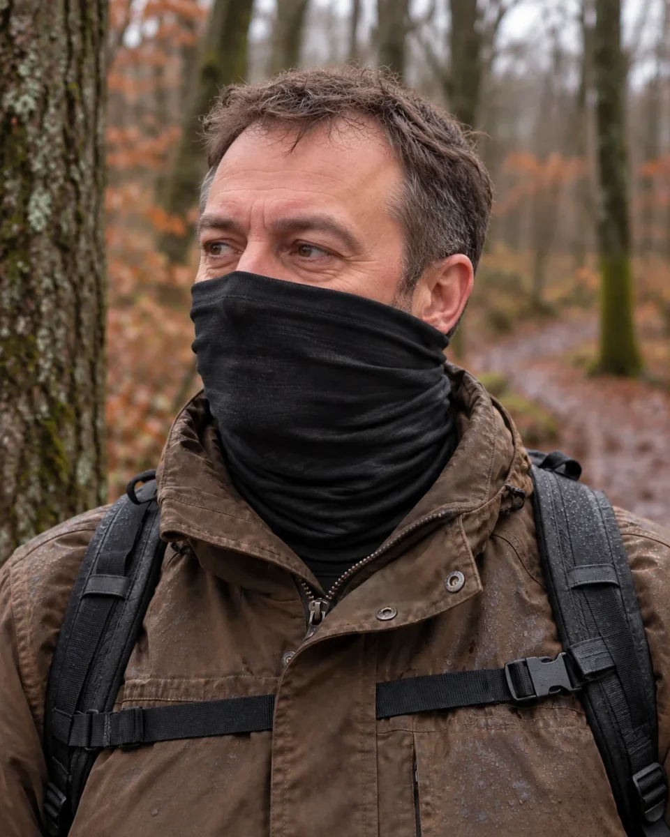 Black merino wool neck warmer worn over the nose and mouth