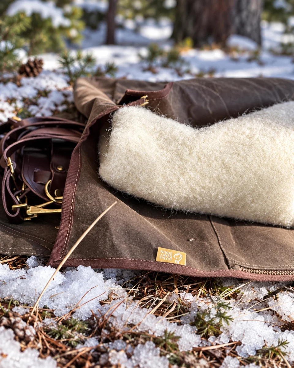 Ivory merino wool blanket texture with oilskin and leather straps in snow