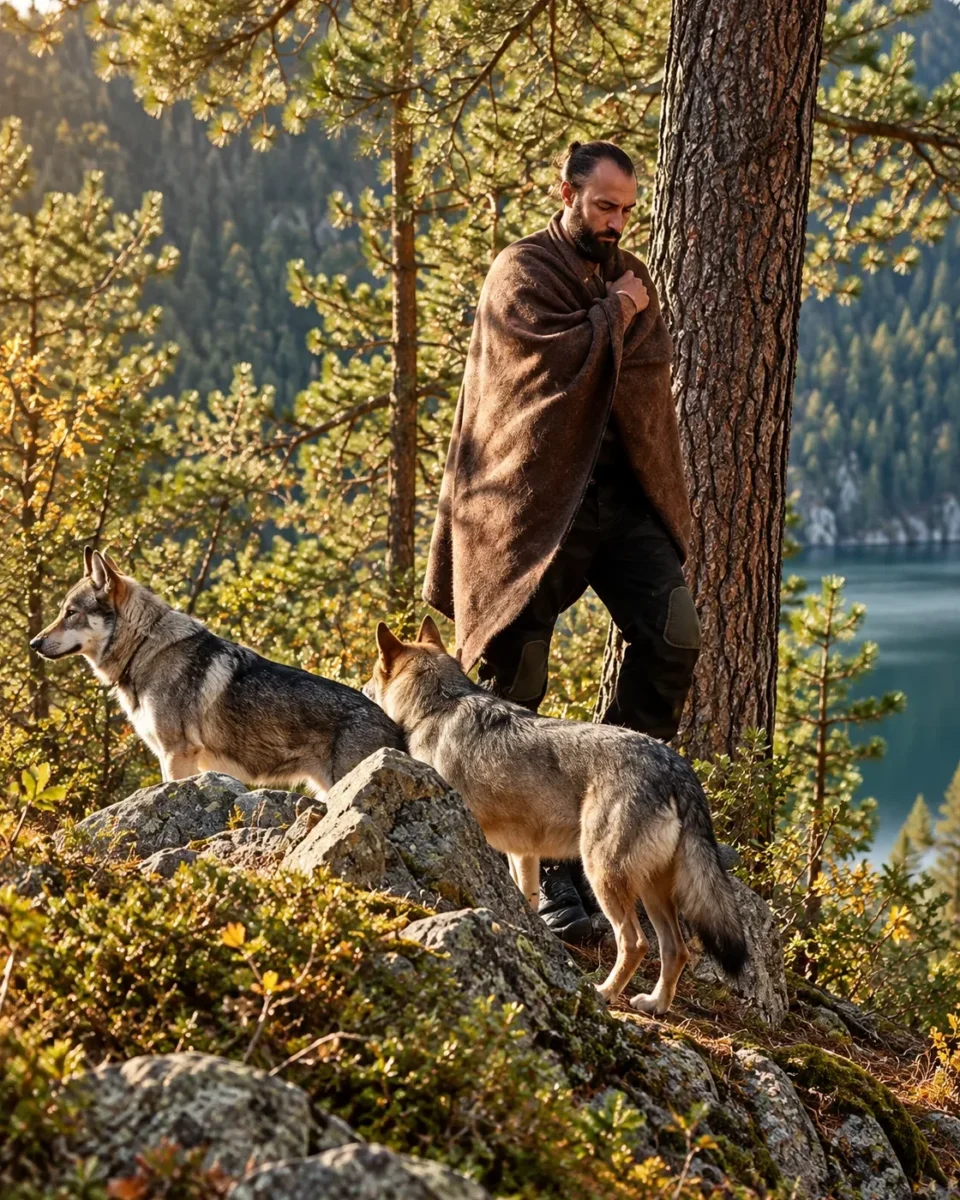 Poncho marrón de lana merina junto a un pino y dos perros a orillas de un lago