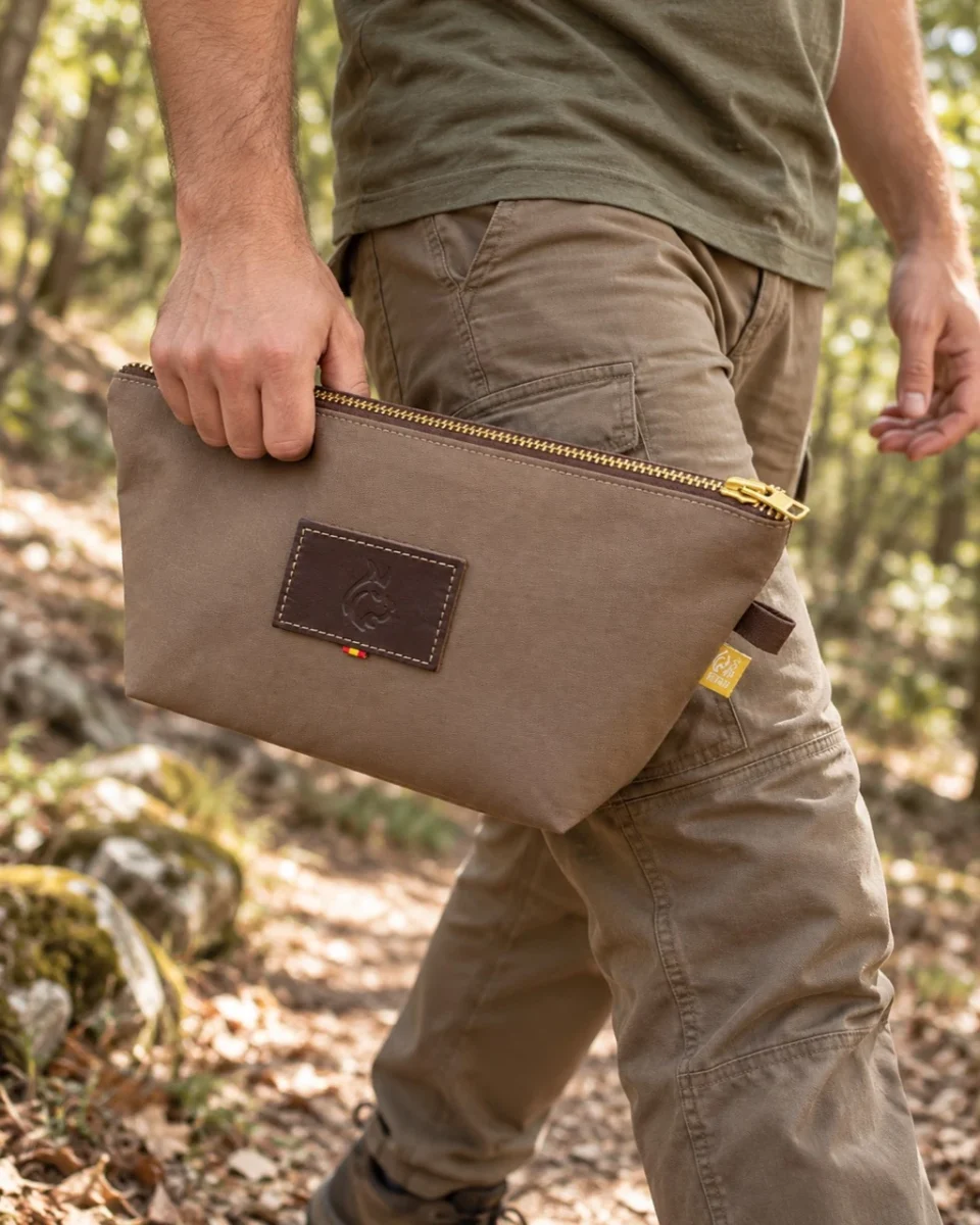 Brown oilskin toiletry bag carried by hand in the forest