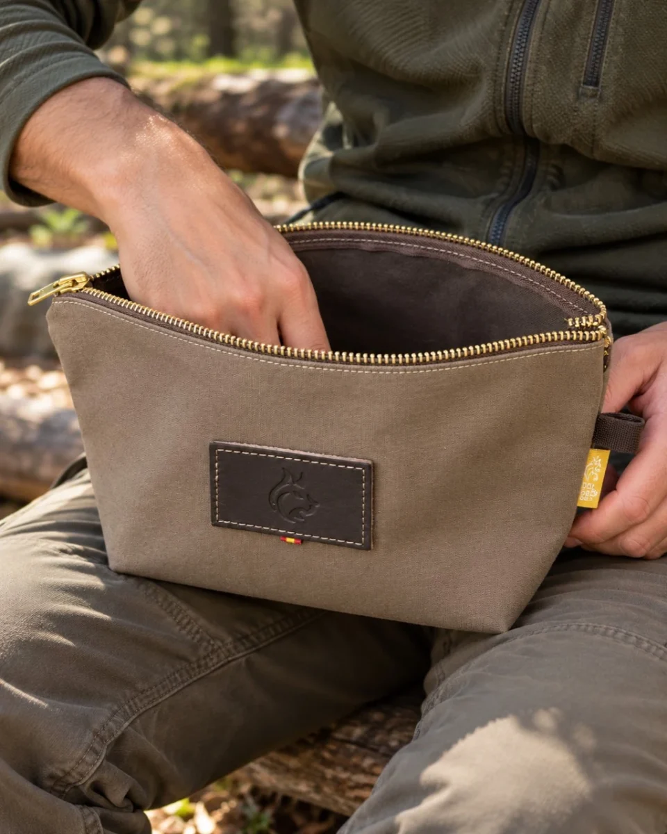 Open oilskin travel bag showing its dark interior and zip