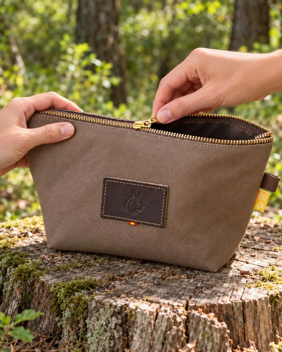 Close-up of the brass zip and new brown fabric of the oilskin travel bag