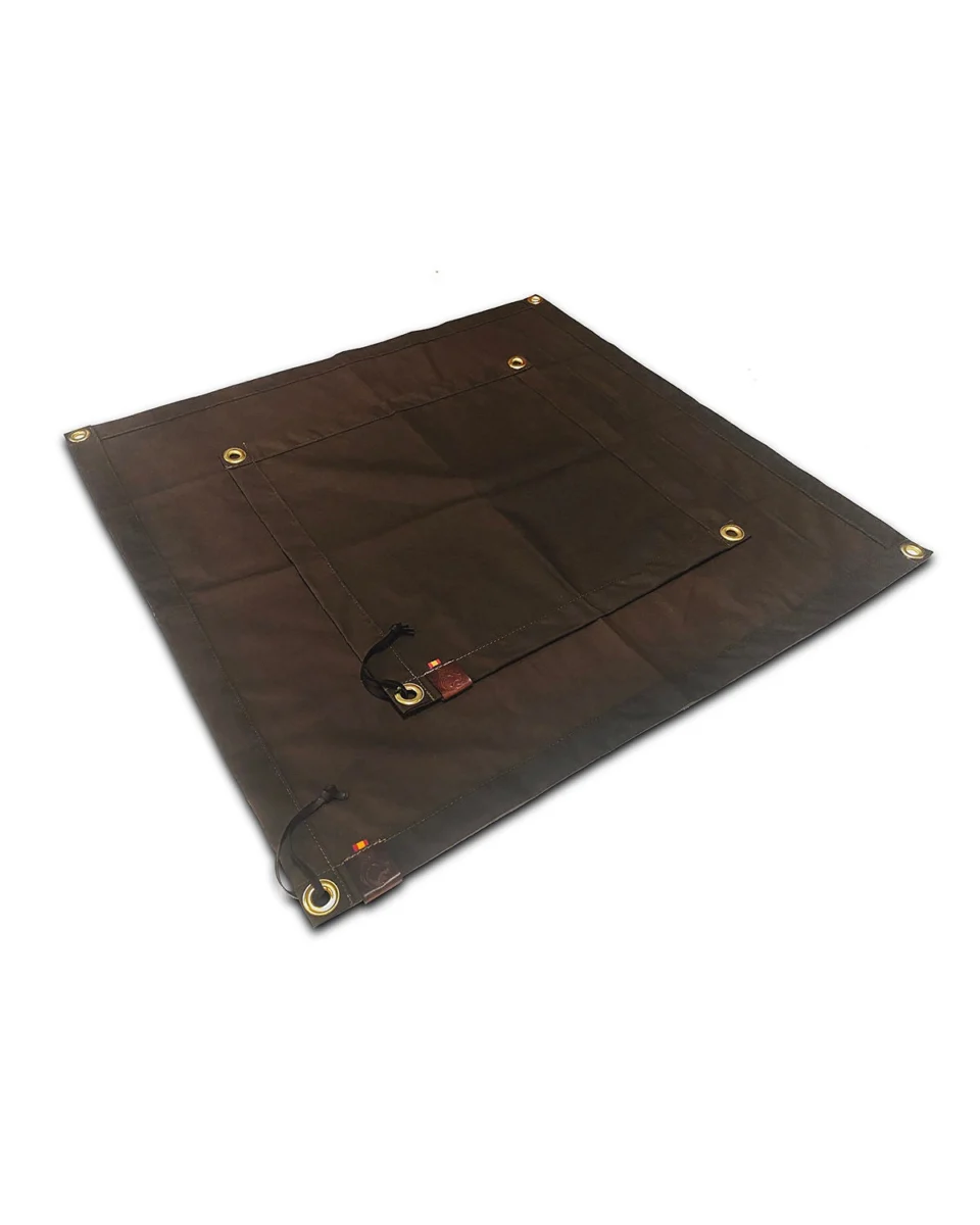 Unlined brown oilskin camp mat opened flat